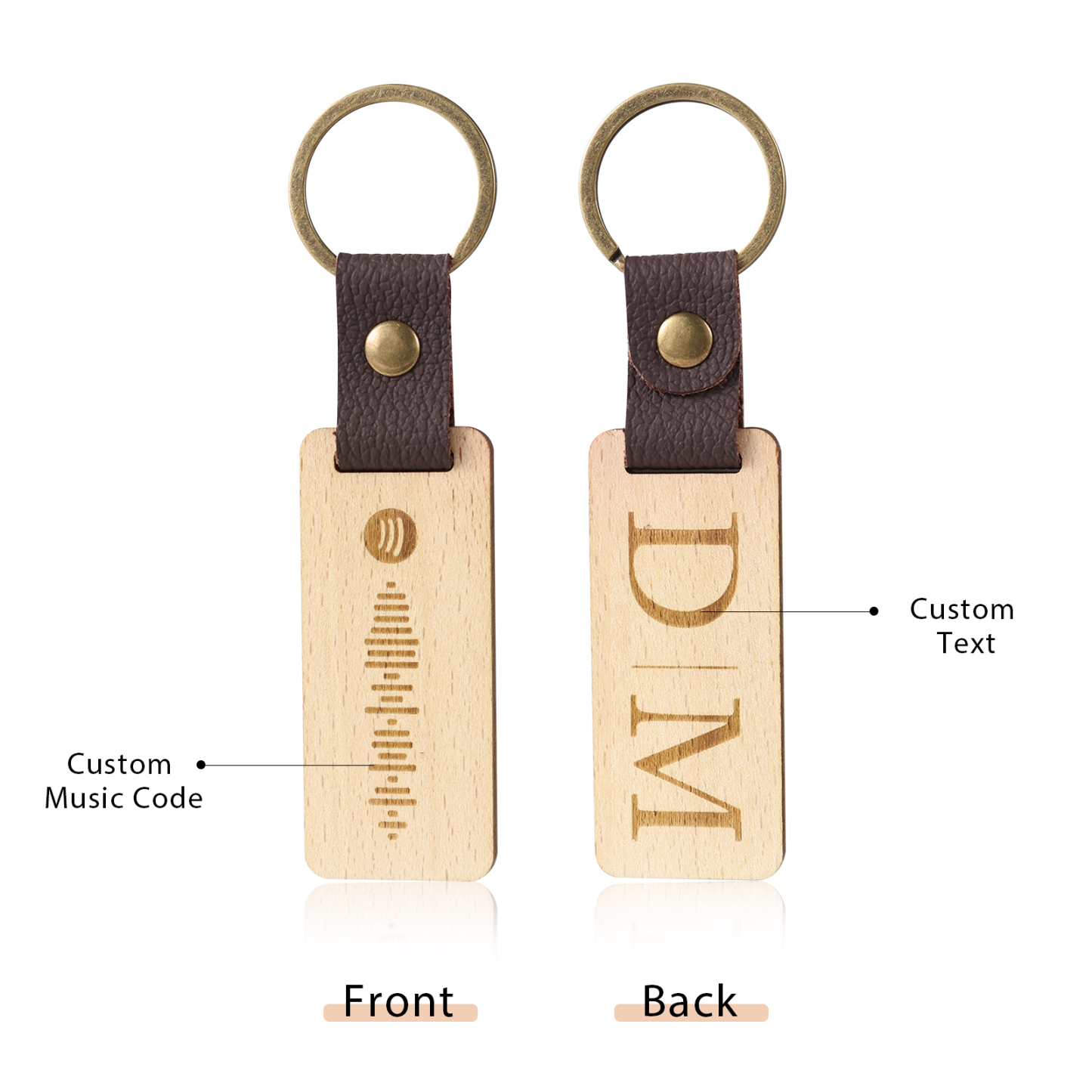 Personalisierter Text & Spotify Code PU Leder Holz Birke Schlüsselanhänger