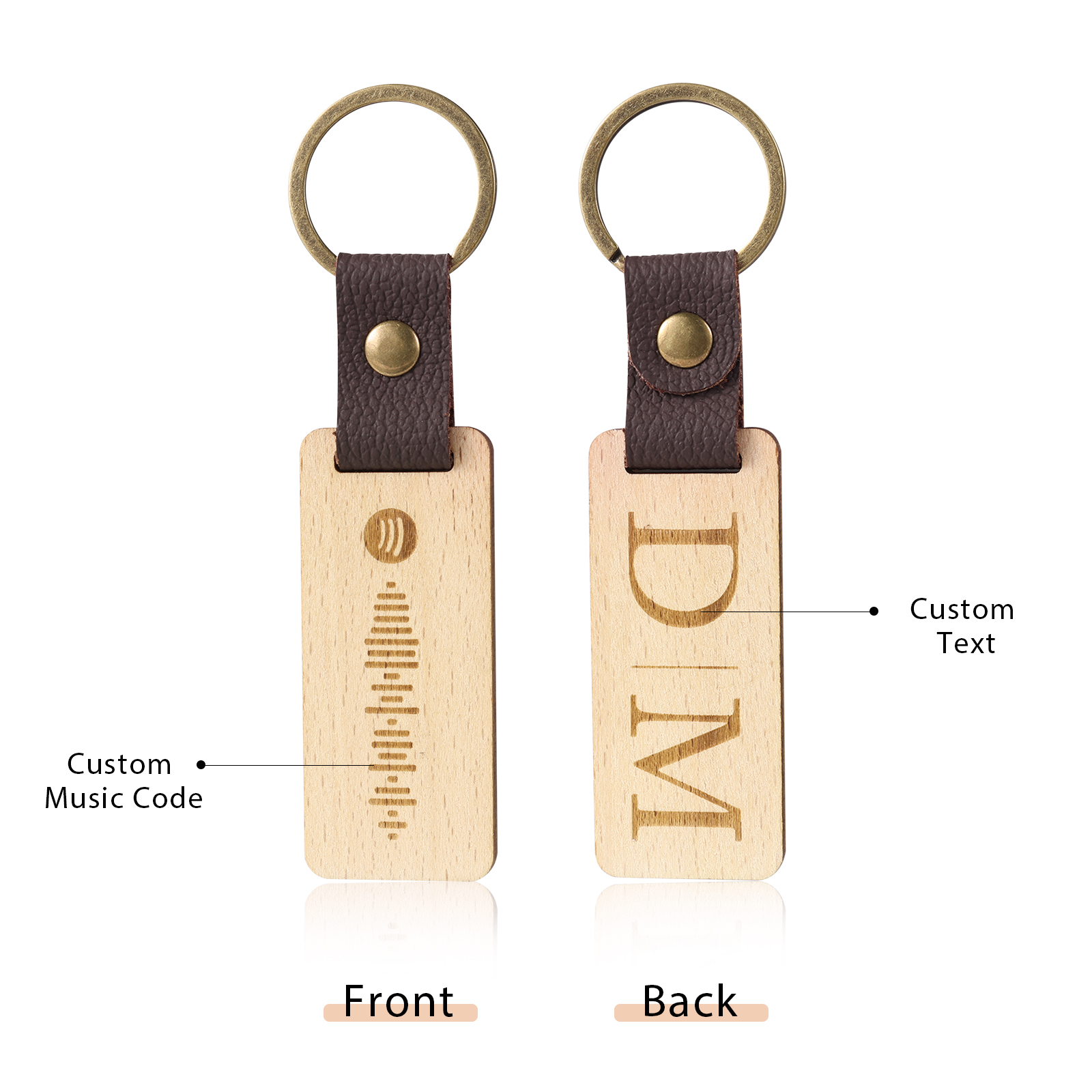 Personalisierter Text & Spotify Code PU Leder Holz Birke Schlüsselanhänger