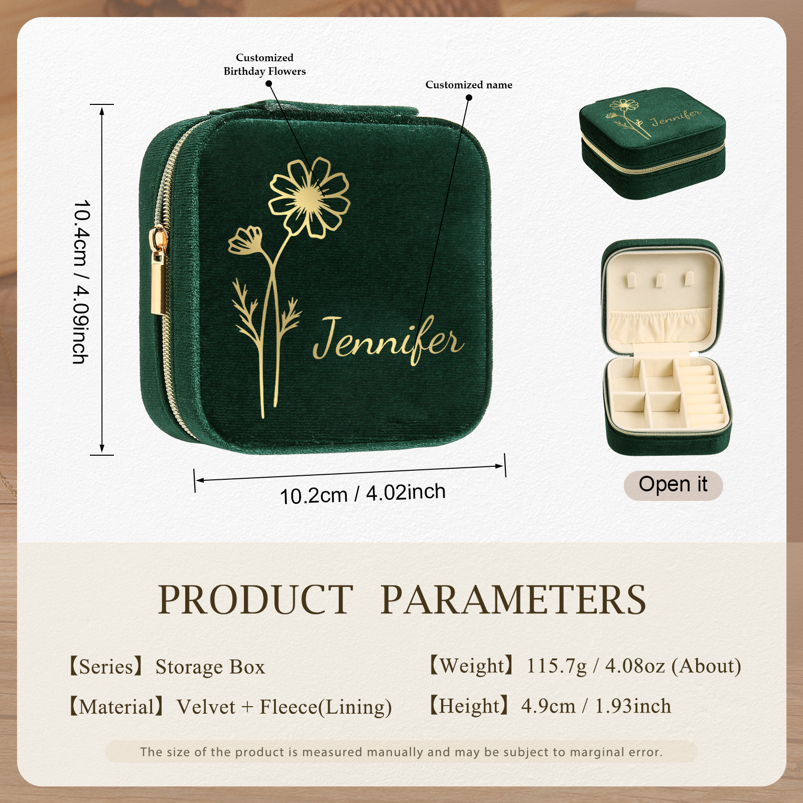Personalisierbarer Name & Geburtsblume klein Velvet Schmuckaufbewahrung Schmuckzubehör Aufbewahrungsbox für Schmuck