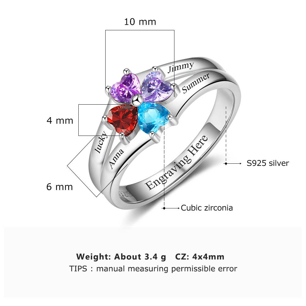 Personalisierte Mutter Ring mit 4 simulierten Geburtssteinen eingraviert 4 Namen Familienring Geschenk für Mama