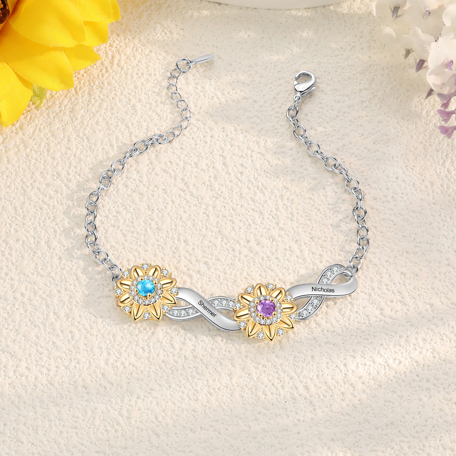 Personalisierte 2 Namen & 2 Geburtssteine Sonnenblume Infinity Armband mit Zirkonia