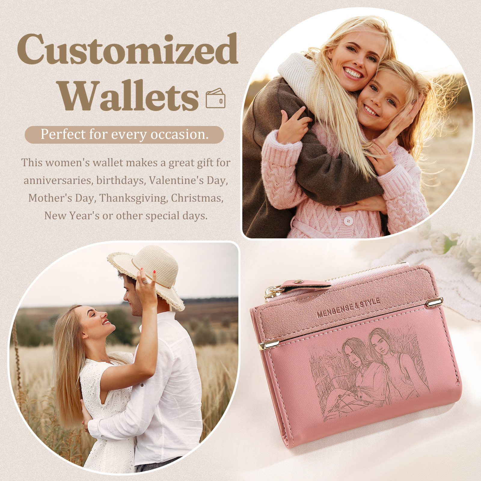 Damen Personalisierter Text & Foto PU Leder Rosa Geldbörse Elegant Portemonnaie mit Reißverschluss