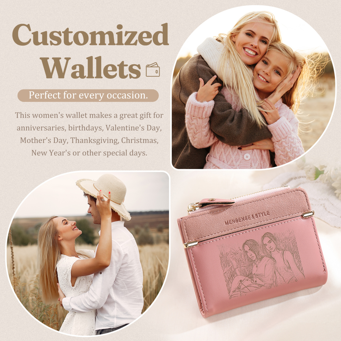 Damen Personalisierter Text & Foto PU Leder Rosa Geldbörse Elegant Portemonnaie mit Reißverschluss