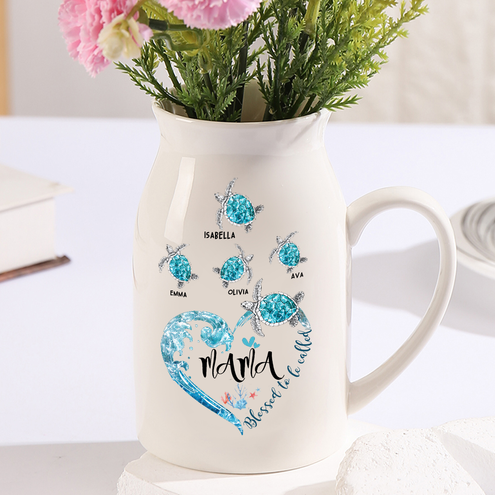 Personalisierte 4 Namen & Text Meeresschildkröte Familie Vase
