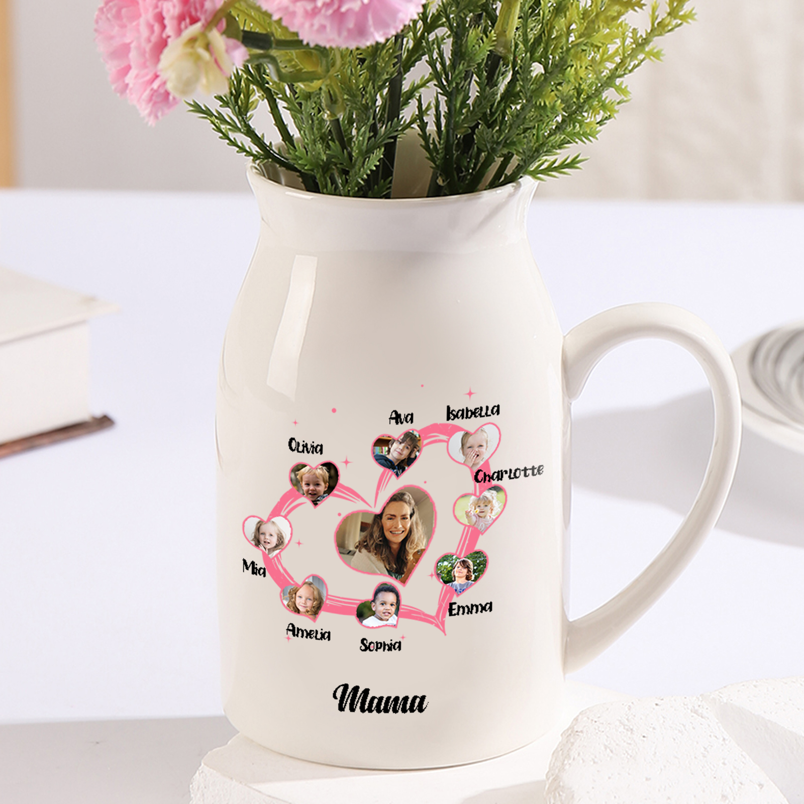Personalisierte 8 Namen & 9 Foto & Text Herz Familie Vase
