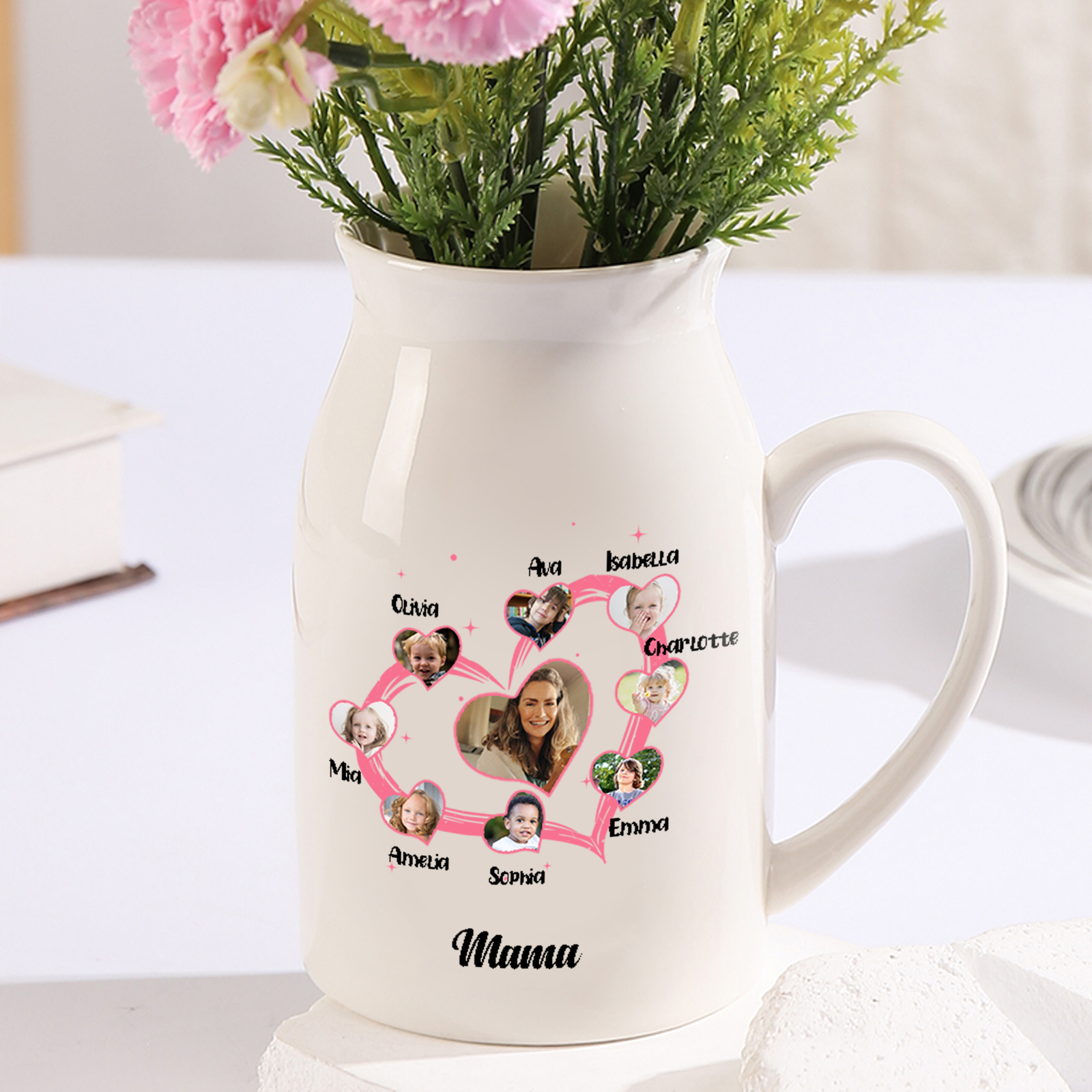 Personalisierte 8 Namen & 9 Foto & Text Herz Familie Vase