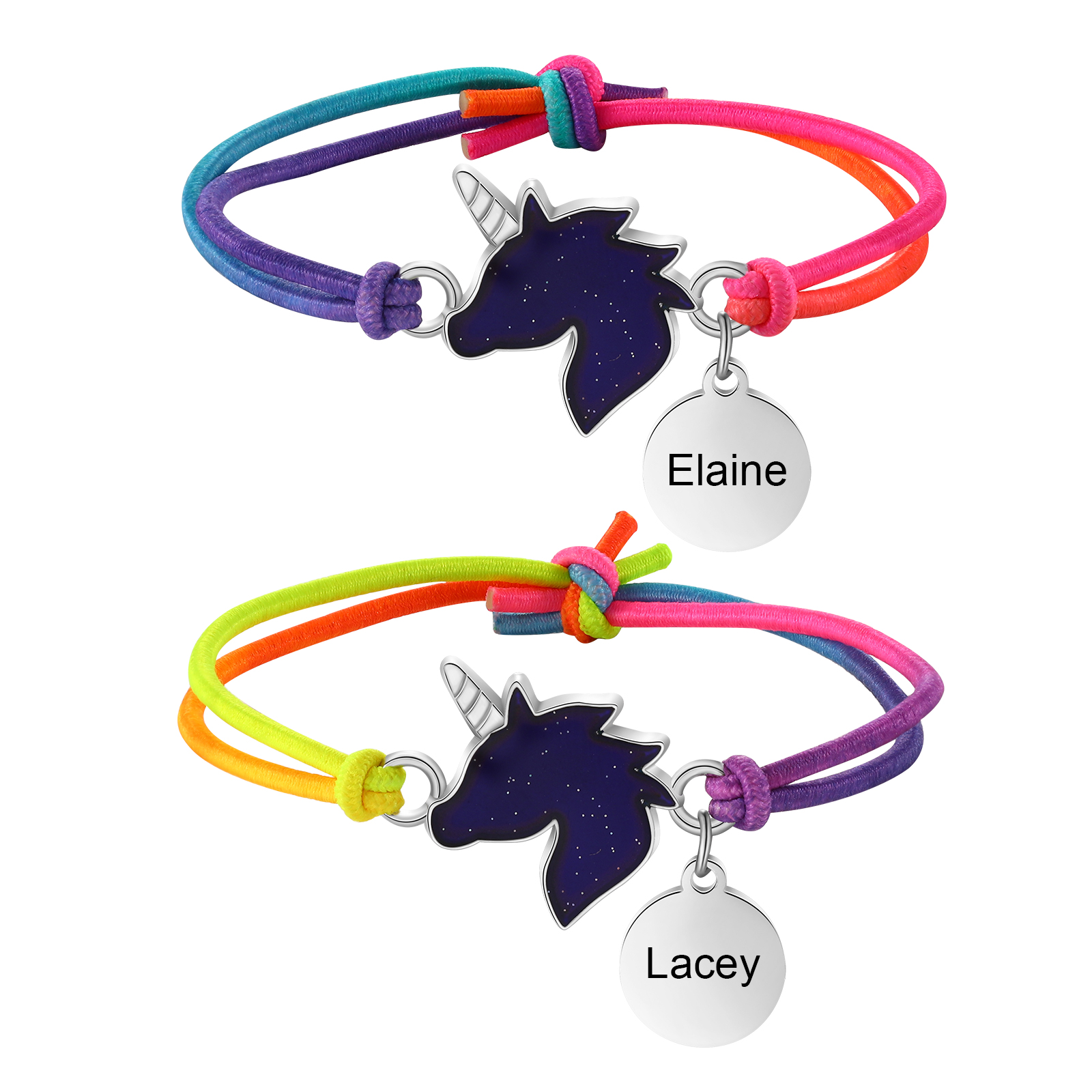 Personalisierte 2 Name Einhorn Schmetterling Dino Meerjungfrau Armbänder Set mit 2 Ketten Gummiband - Schulanfang Geschenk