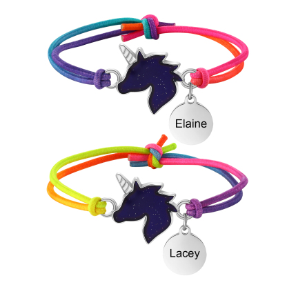 Personalisierte 2 Name Einhorn Schmetterling Dino Meerjungfrau Armbänder Set mit 2 Ketten Gummiband - Schulanfang Geschenk