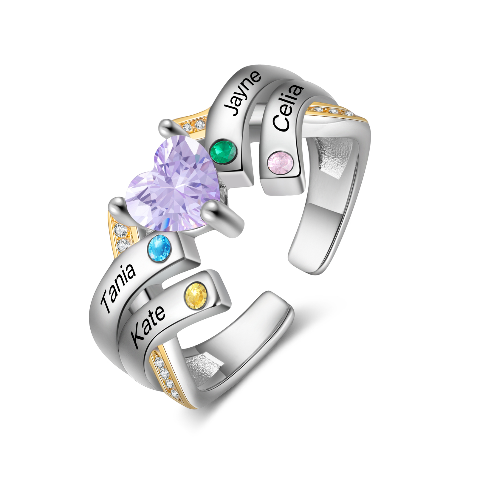 Personalisierte 5 Geburtssteine & 4 Namen Offener Ring mit Zirkonia