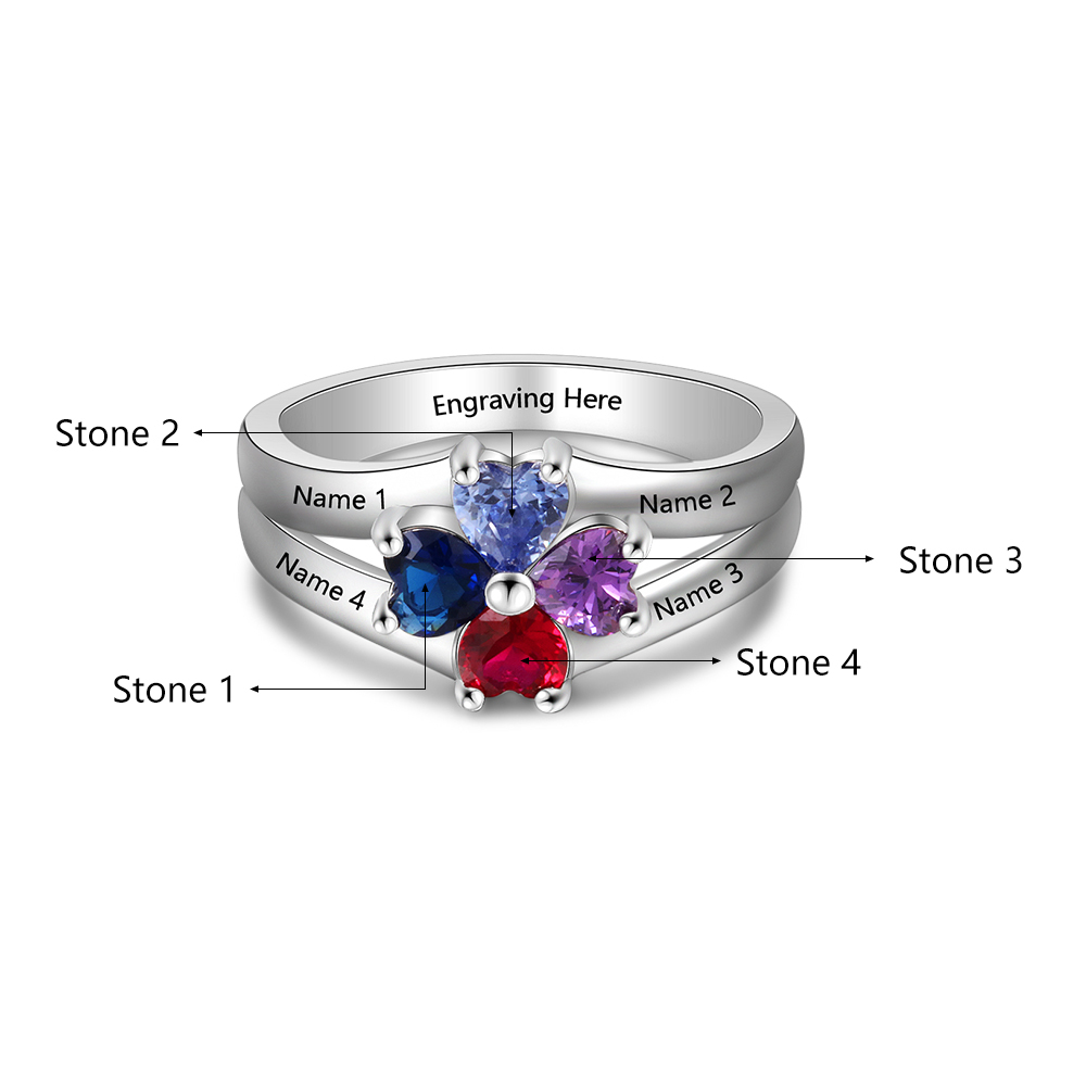 Personalisierte Mutter Ring mit 4 simulierten Geburtssteinen eingraviert 4 Namen Familienring Geschenk für Mama