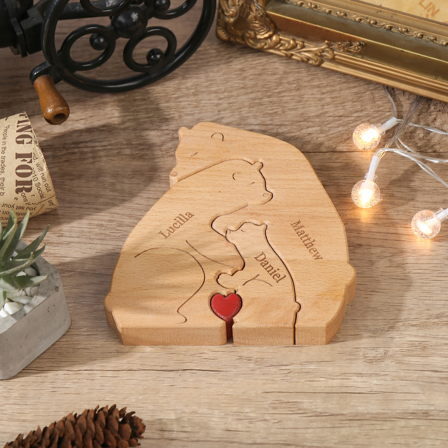 Holzskulptur-Personalisierte 3 Namen Bär Umarmung Familie Holz Deko