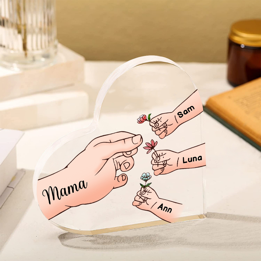 Personalisierte 4 Namen Mama Hand Familie Acryl-Deko Schreibtischdekoration für Mutter