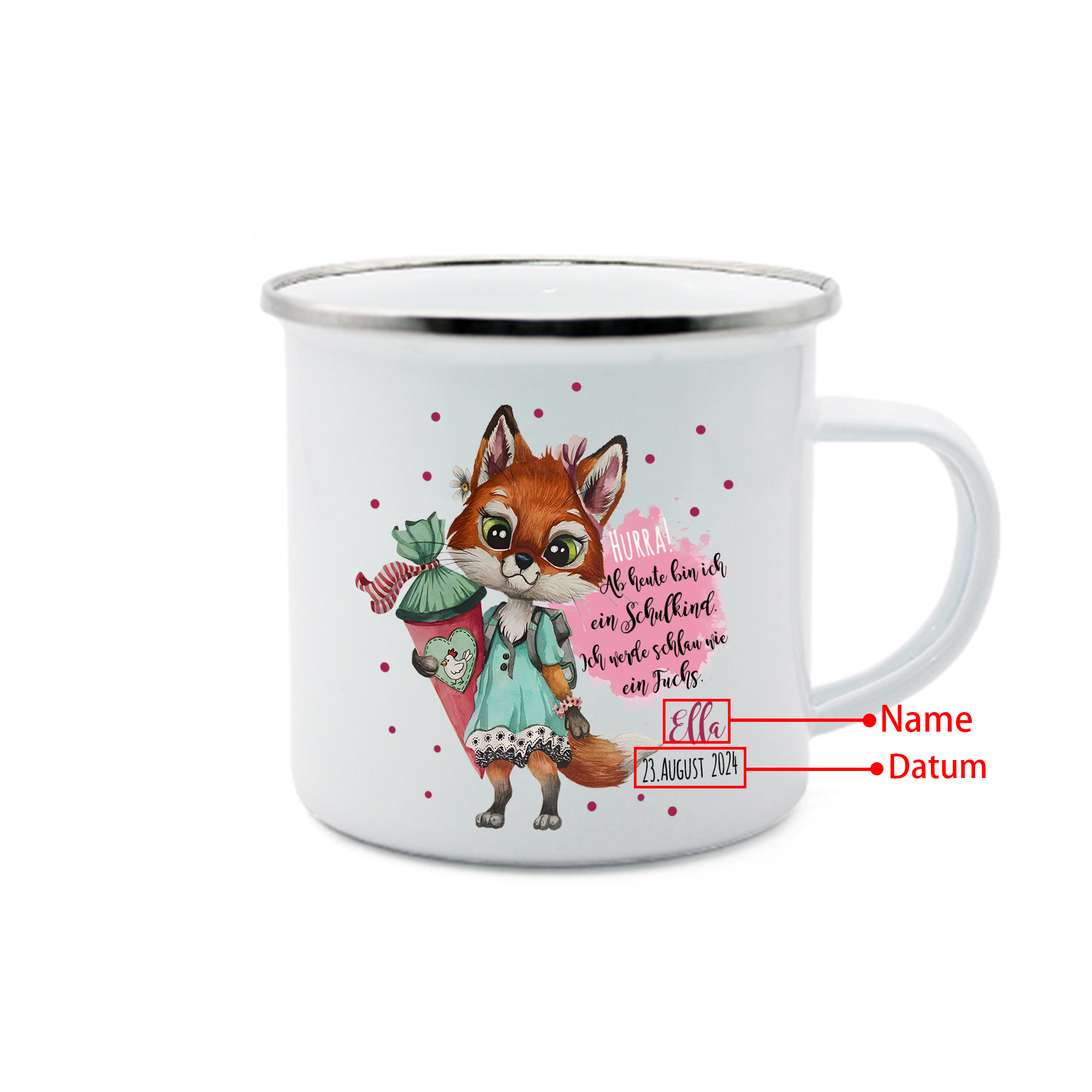 Emaille Tasse-Personalisierter Name & Datum Hase Becher - Hurra ab heute bin ich ein Schulkind Ich werde schau wie ein Fuchs - Geschenk zum Schulanfang