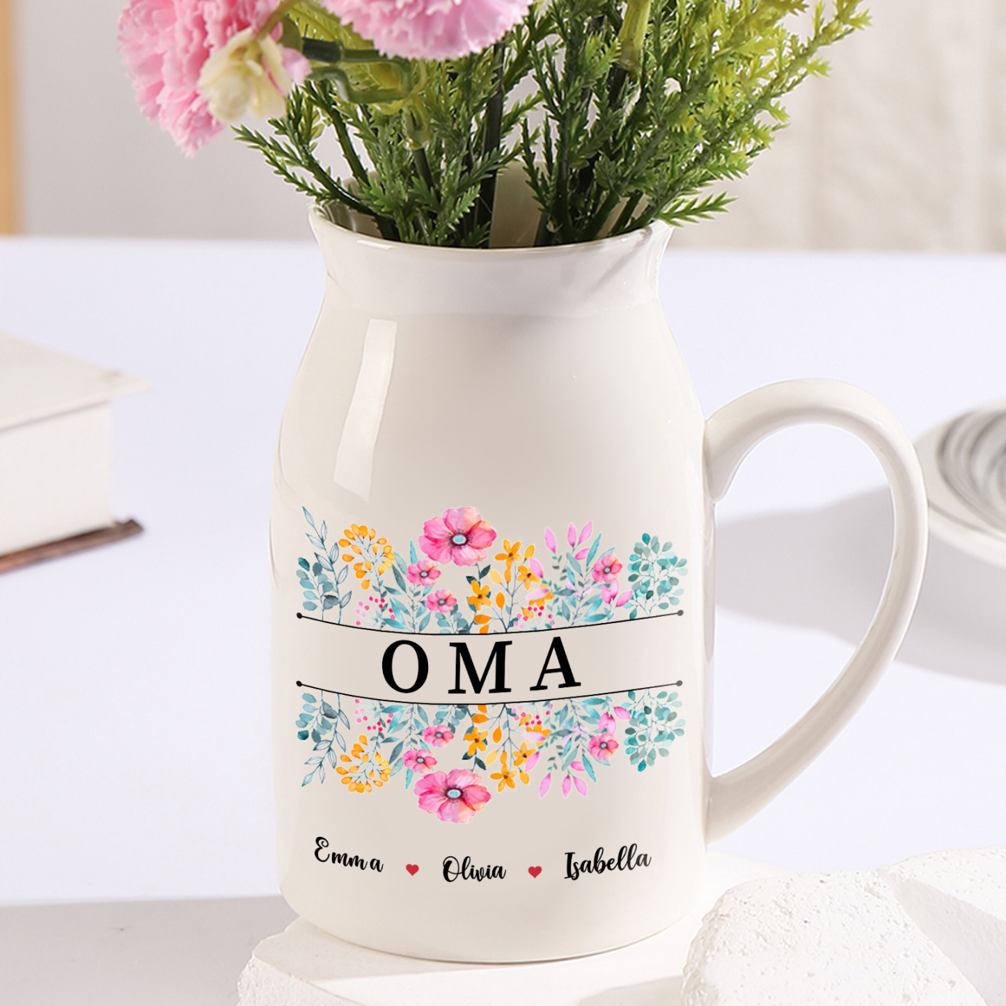Personalisierte 3 Namen & Text Bunte Blumen Familie Vase