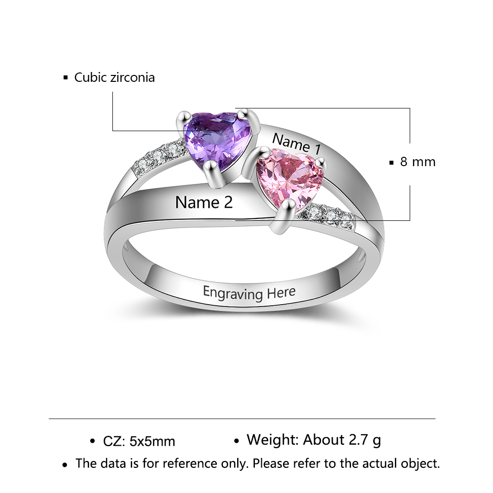 925 Sterling Silber Ring mit 2 Namen und 2 Geburtssteinen mit Gravuren