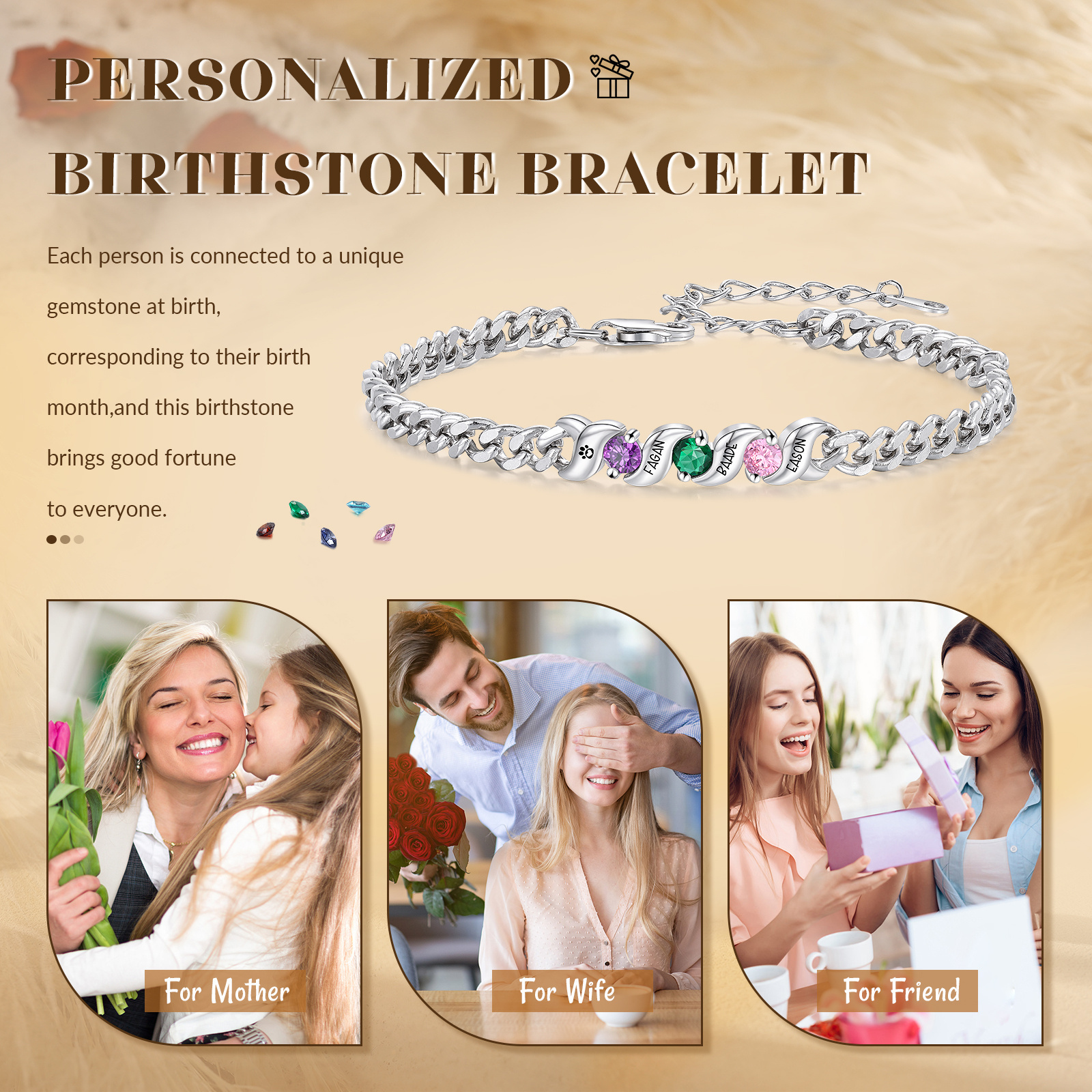 Personalisiertes Cuban Link Armband mit 1–5 Namen und Geburtssteinen