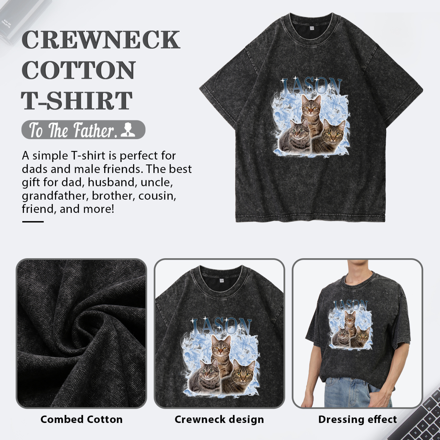 Personalisierte 3 Namen & 3 Fotos Haustier Herren Kurzarm T-Shirt