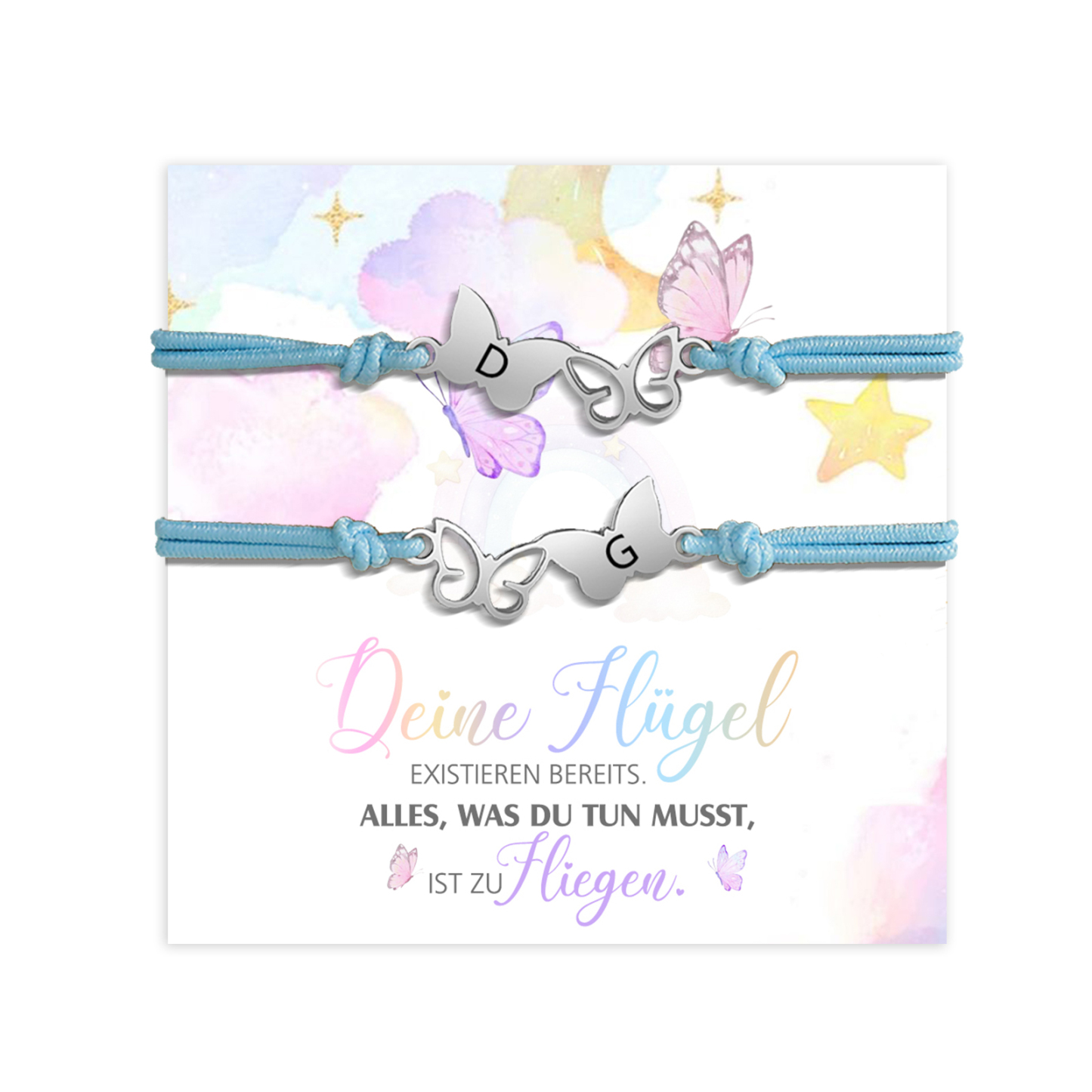 Personalisierte 2 Buchstaben Schmetterling Armbänder Set mit 2 Ketten Gummiband - Schulanfang Geschenk mit Karte