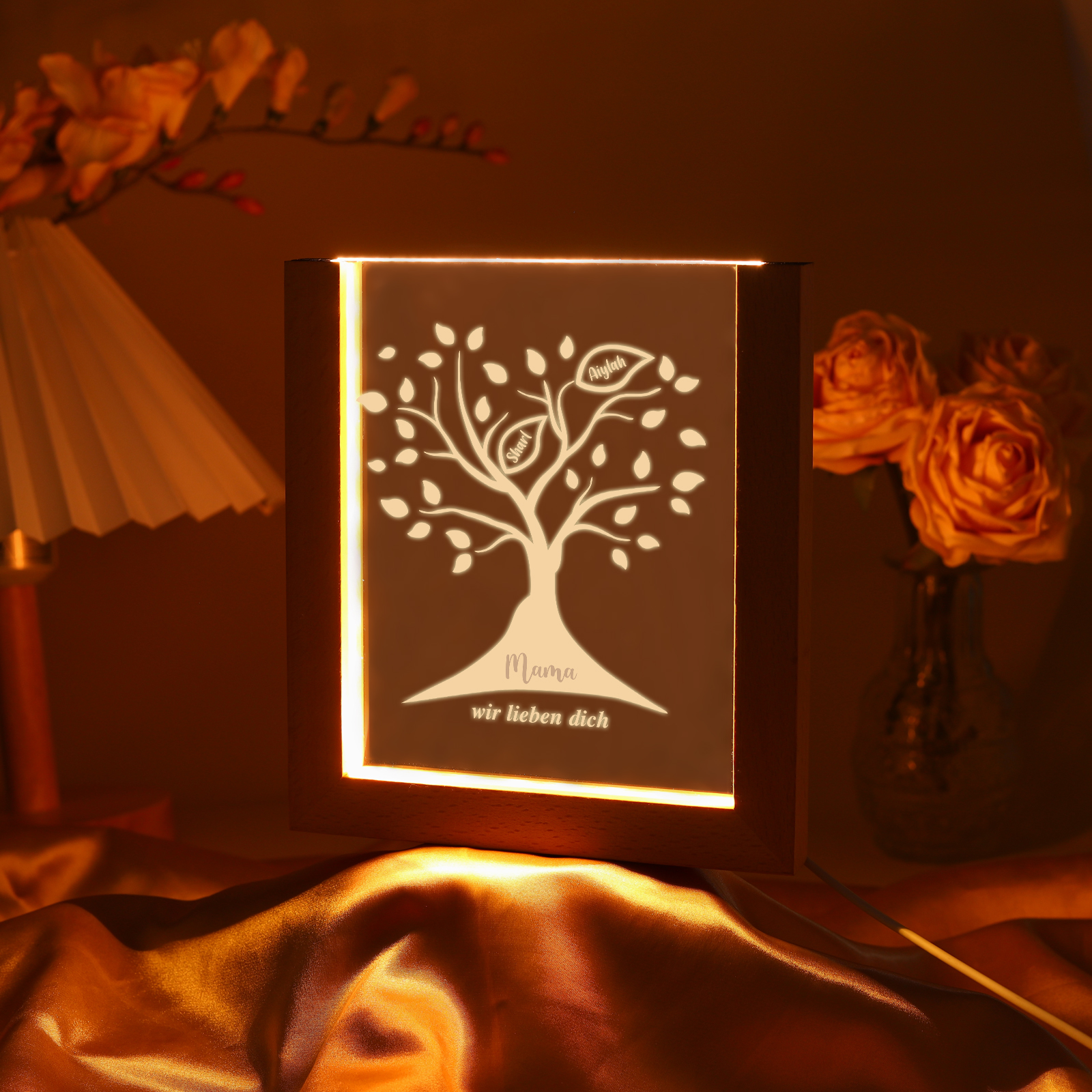 Personalisierte 2 Namen & Text Familienbaum Acryl Rahmen Nachtlicht Geschenk für Großmutter/Mutter zum Muttertag
