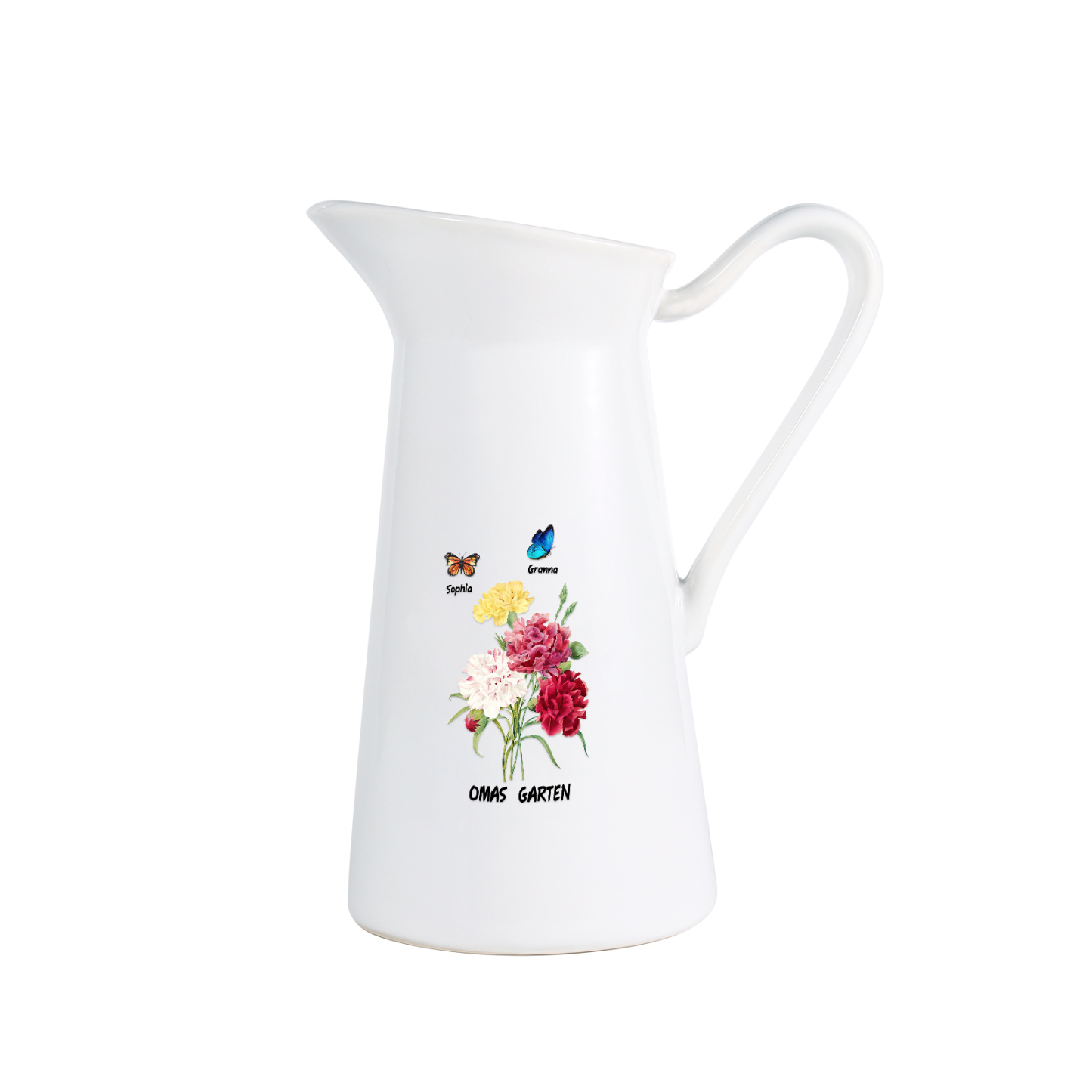 Personalisierte 2 Namen & Text Blumen & Schmetterling Gießvase mit Henkel Familie Vase
