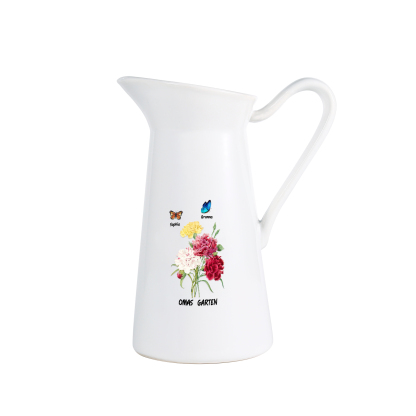 Personalisierte 2 Namen & Text Blumen & Schmetterling Gießvase mit Henkel Familie Vase