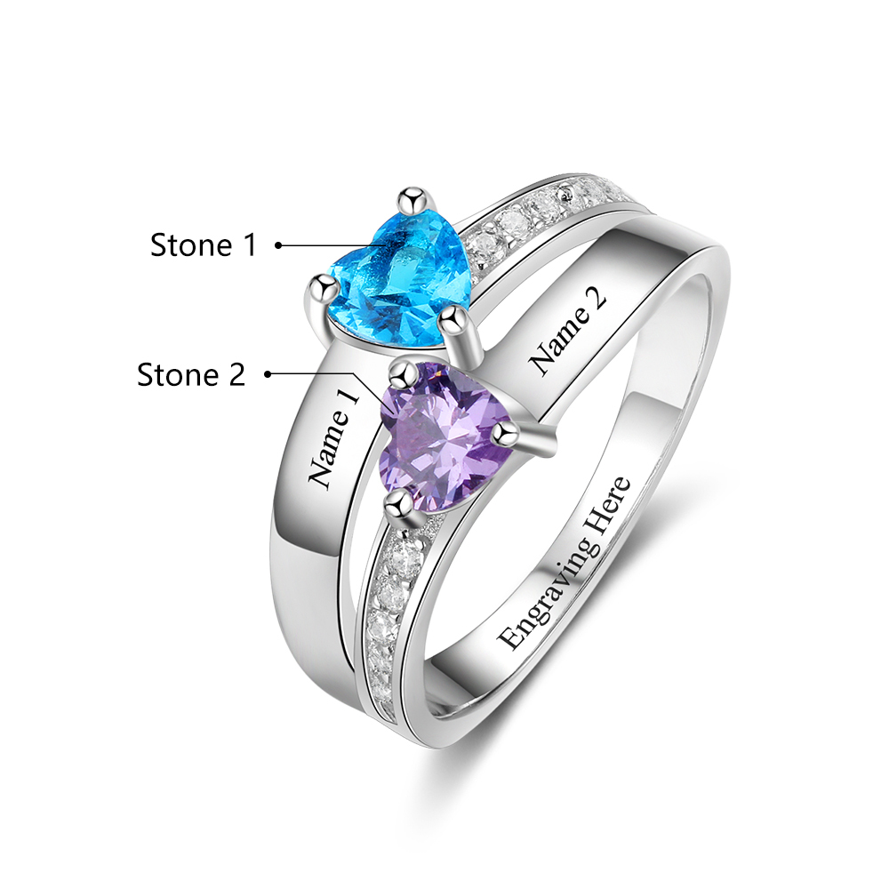 925 Sterling Silber Ring mit 2 Namen und 2 Geburtssteinen mit Gravuren