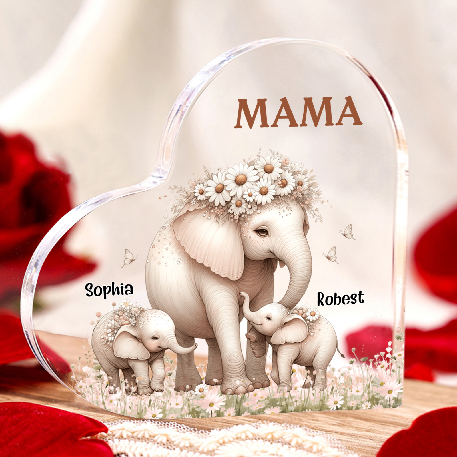 Personalisierte 2 Namen Herz Acryl-Deko Mama Elefant Schreibtischdekoration für Mutter