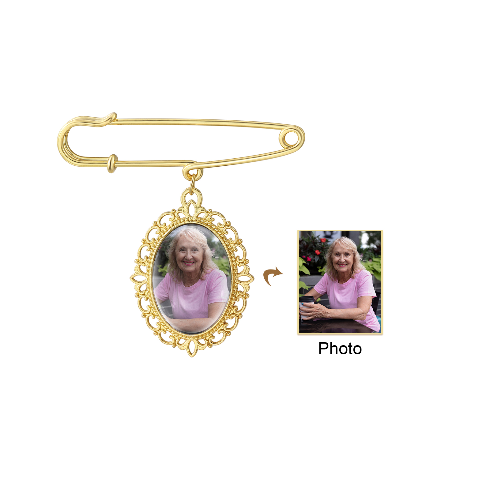Personalisierte Foto-Brosche für Brautstrauß mit Wunschtext und Herz-Anhänger Geschenk für die Braut