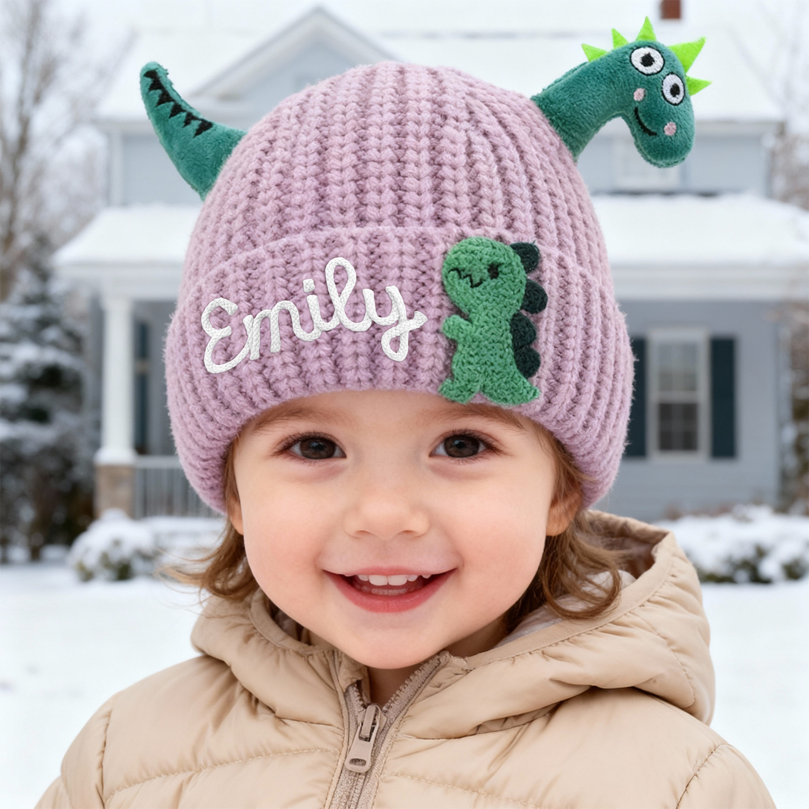 Personalisierte Dinosaurier-Mützen mit Namen für Kleinkinder – handbestickte Kindermütze