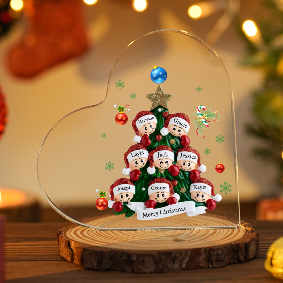 Personalisierte 2-8 Namen & Text Herz-Acryl-Deko – Weihnachtsbaum-Schreibtischdekoration für Familie