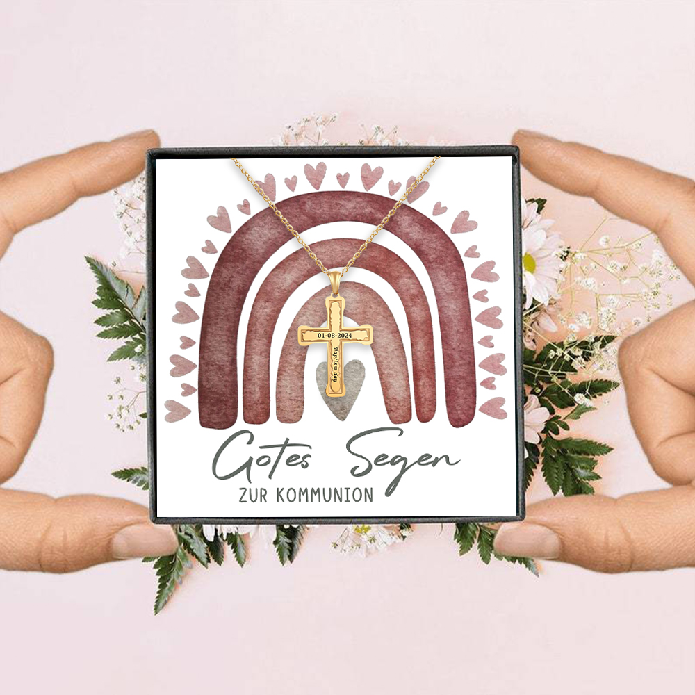 Personalisierter 1 Text & 1 Datum Kommunion Kreuz Golde Halskette- Gottes Segen zur Kommunion- Geschenk mit Nachrichtenkarte