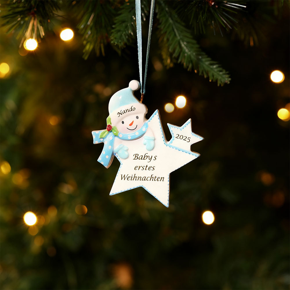 Personalisierter Stern-Weihnachtsanhänger mit Schneemannmotiv – Babys erstes Weihnachten, Christbaumschmuck