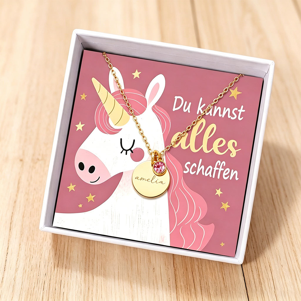 Einhorn-Halskette zur Einschulung Namensgravur mit Geburtsstein – Geschenkbox
