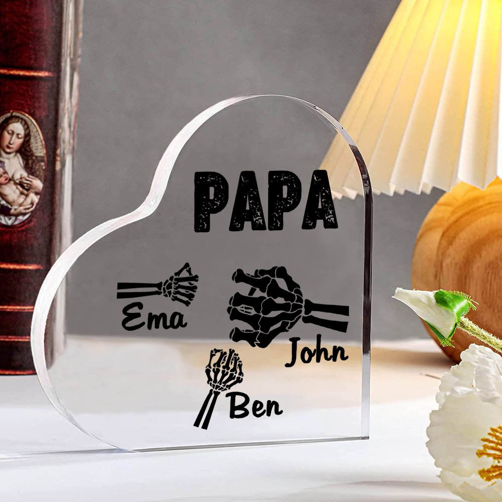Personalisierte 3 Namen Acryl-Deko Papa Skelett Hand Schreibtischdekoration für Vater