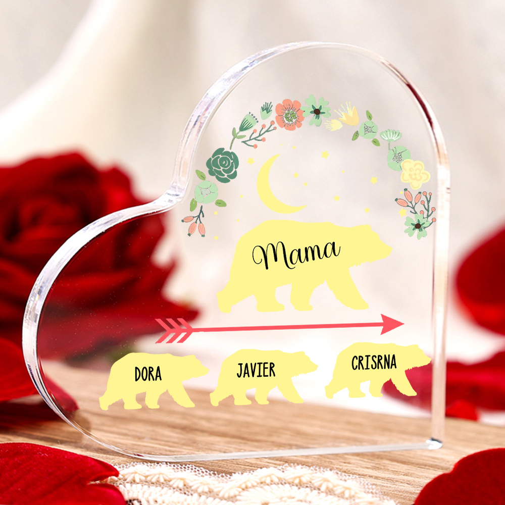 Personalisierte 3 Namen Herz Acryl-Deko Mama Bär Schreibtischdekoration für Mutter