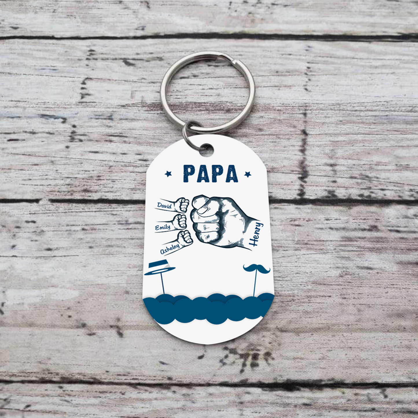 Personalisierbarer Text & 4 Namen Blau Fauststoß Metall Schlüsselanhänger-Geschenk für Vater/Großvater