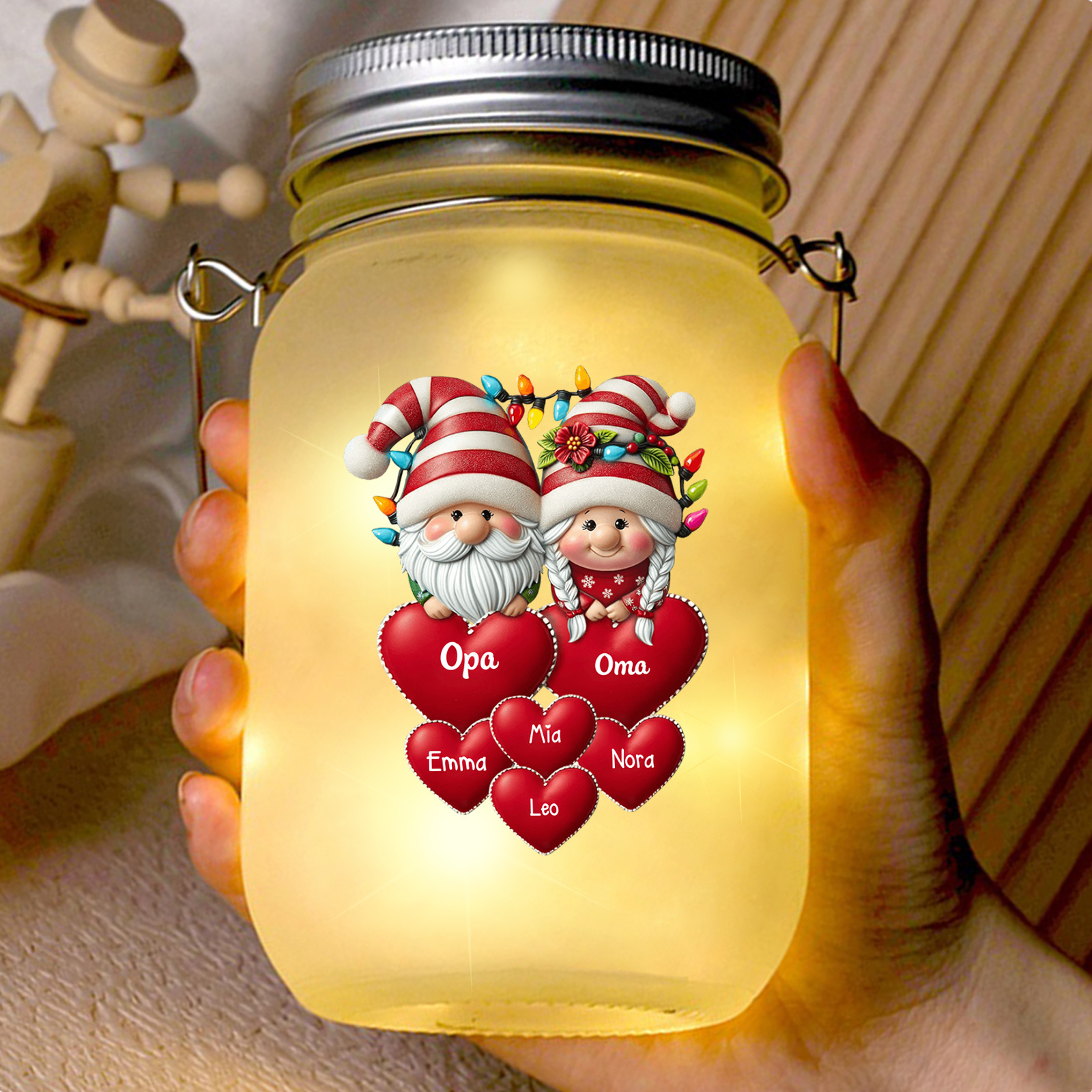 Personalisierte Solar-LED-Glasflasche im Einmachglas-Stil – Weihnachtliche Deko & Geschenk für Familie