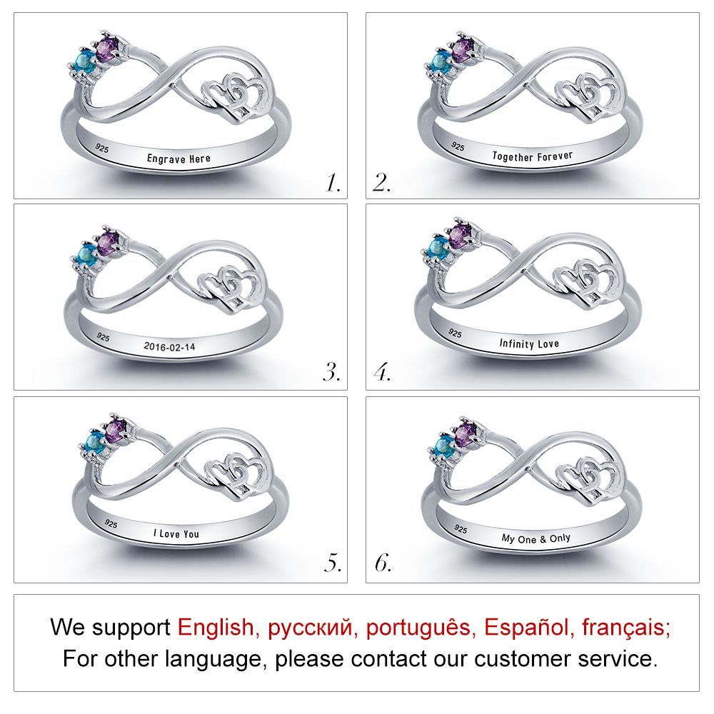 925 Sterling Silber Ring mit 1 Text und 2 Geburtsstein mit Gravuren