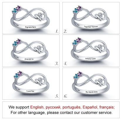 925 Sterling Silber Ring mit 1 Text und 2 Geburtsstein mit Gravuren