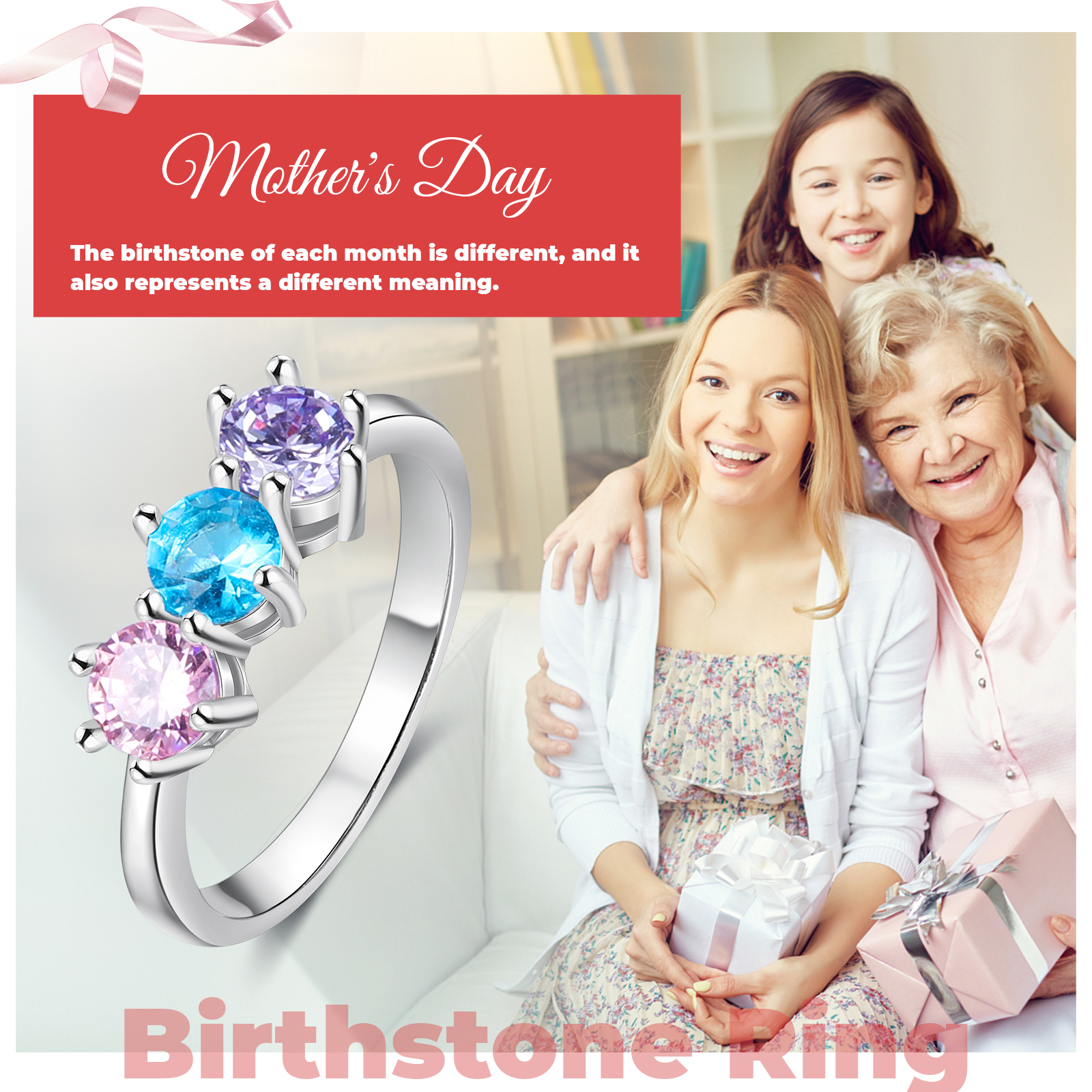 Eleganter Geburtssteinring • Mit 3 Geburtssteinen • Familiengeburtssteinring • Personalisierter Geburtssteinring • Muttertagsgeschenk