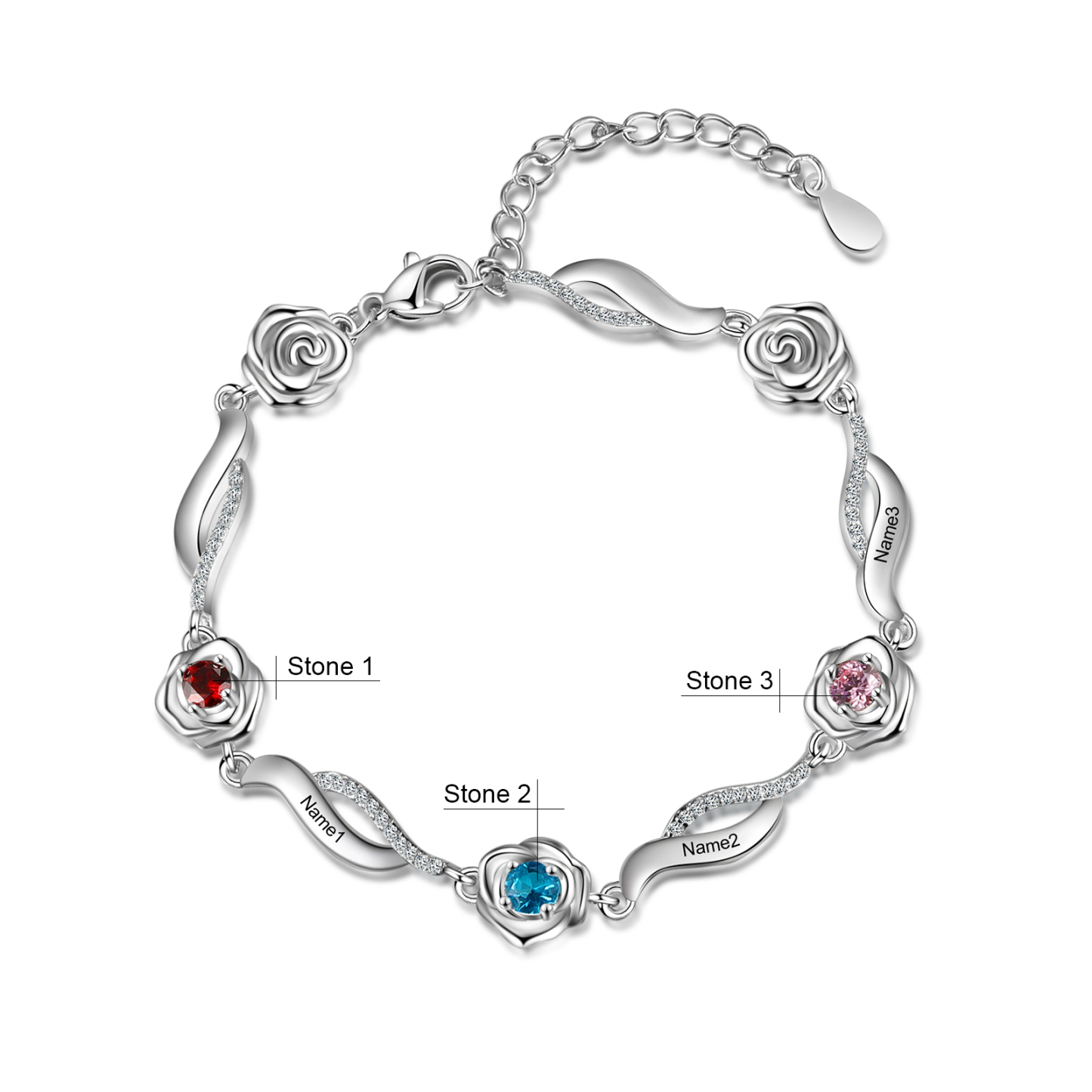 Gravur 3 Namen Rose Blume Armband mit 3 Geburtssteinen 