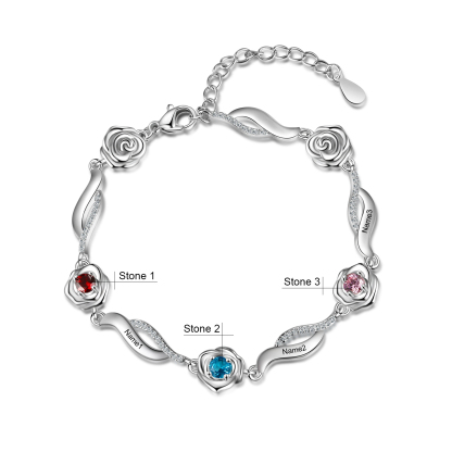 Gravur 3 Namen Rose Blume Armband mit 3 Geburtssteinen 