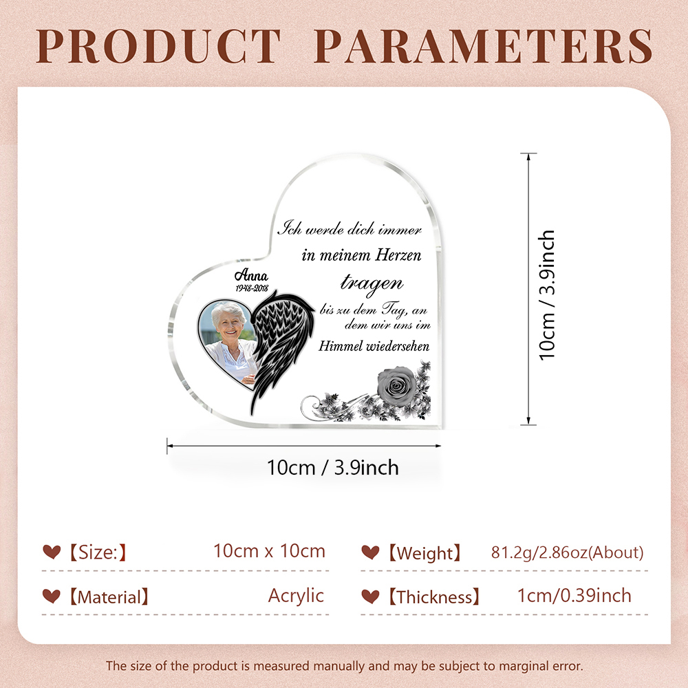 Personalisiertes Foto & Name & Jahr Acryl-Deko-Ich werde dich immer in meinem Herzen tragen-Trauer Schreibtischdekoration