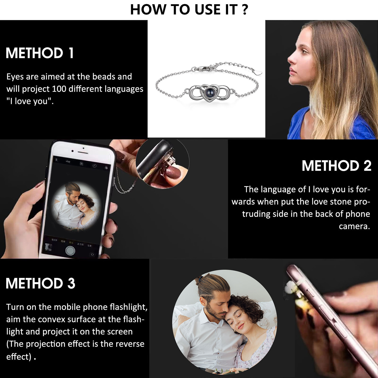 Personalisiertes Foto & 2 Namen Projektion Infinity Herz Armband