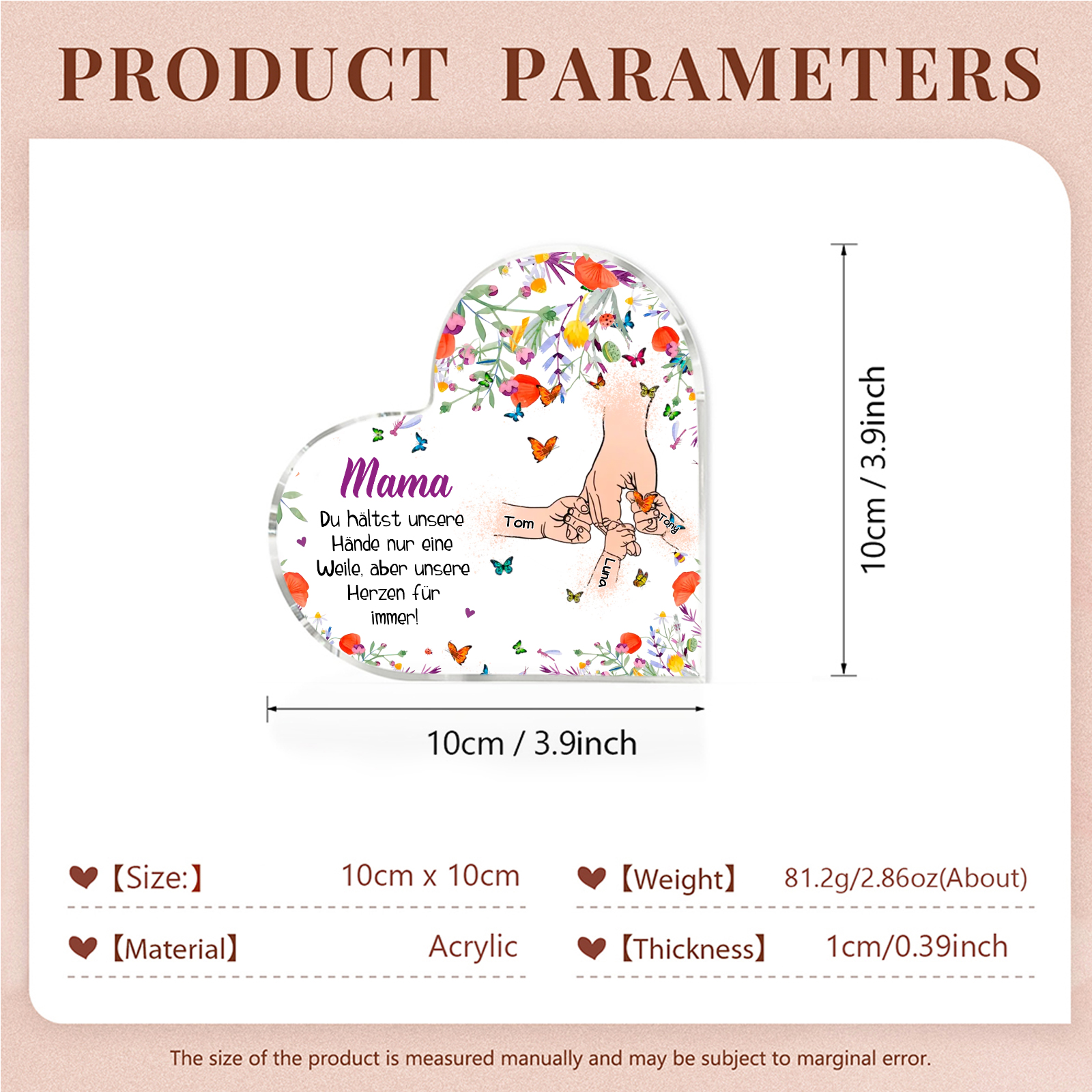 Personalisierte 3 Namen Herz Acryl-Deko -Mama Du hältst mein Hand nur eine Weile, aber unsere Herzen für immer- Schreibtischdekoration für Mutter