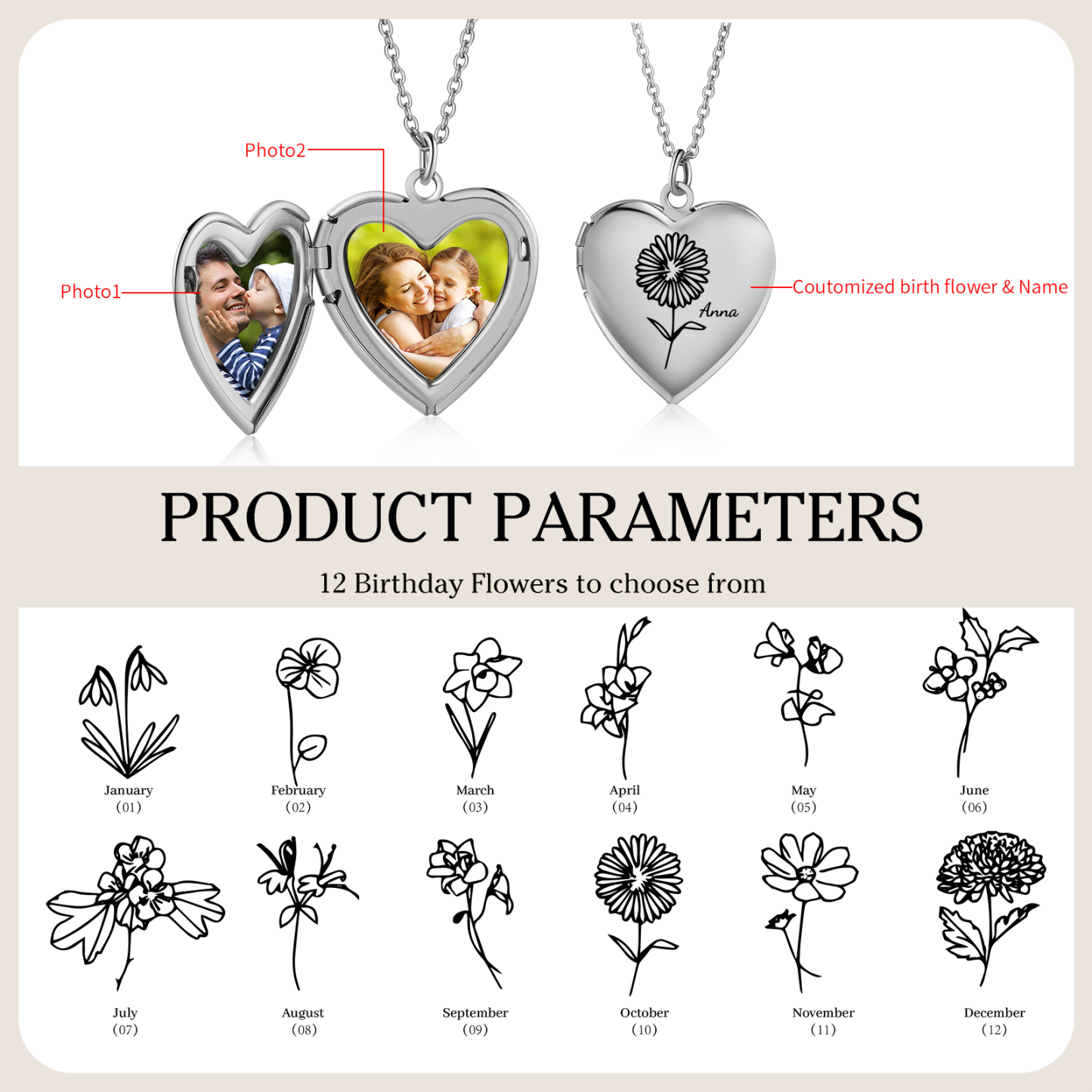 Personalisierte 2 Fotos & Geburtsblume & Name Feine Herz Halskette