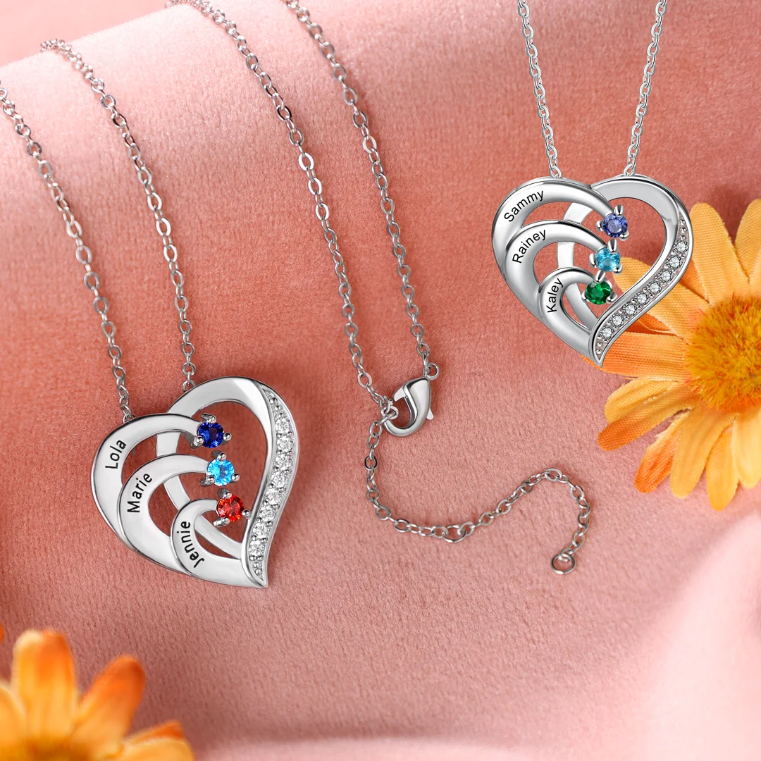 925 Sterling Silber Personalisierte 4 Namen Herz Halskette mit 4 Geburtssteinen