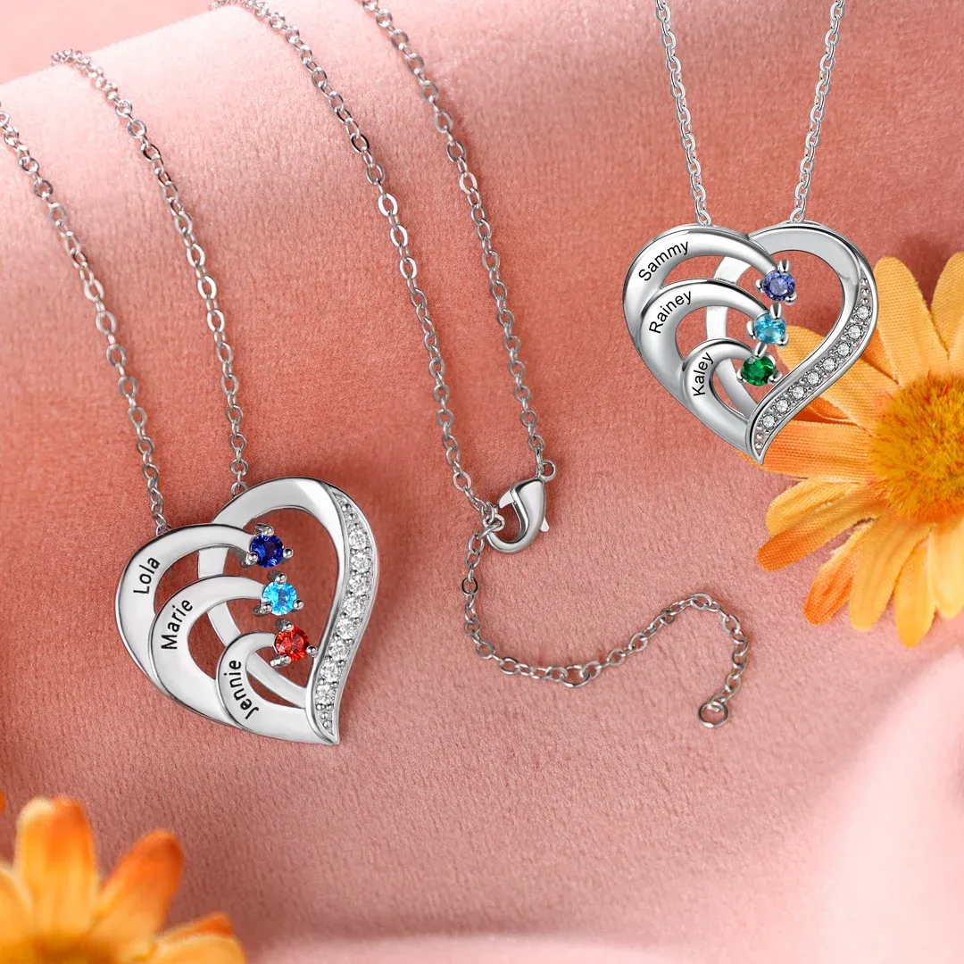 925 Sterling Silber Personalisierte 3 Namen Herz Halskette mit 3 Geburtssteinen