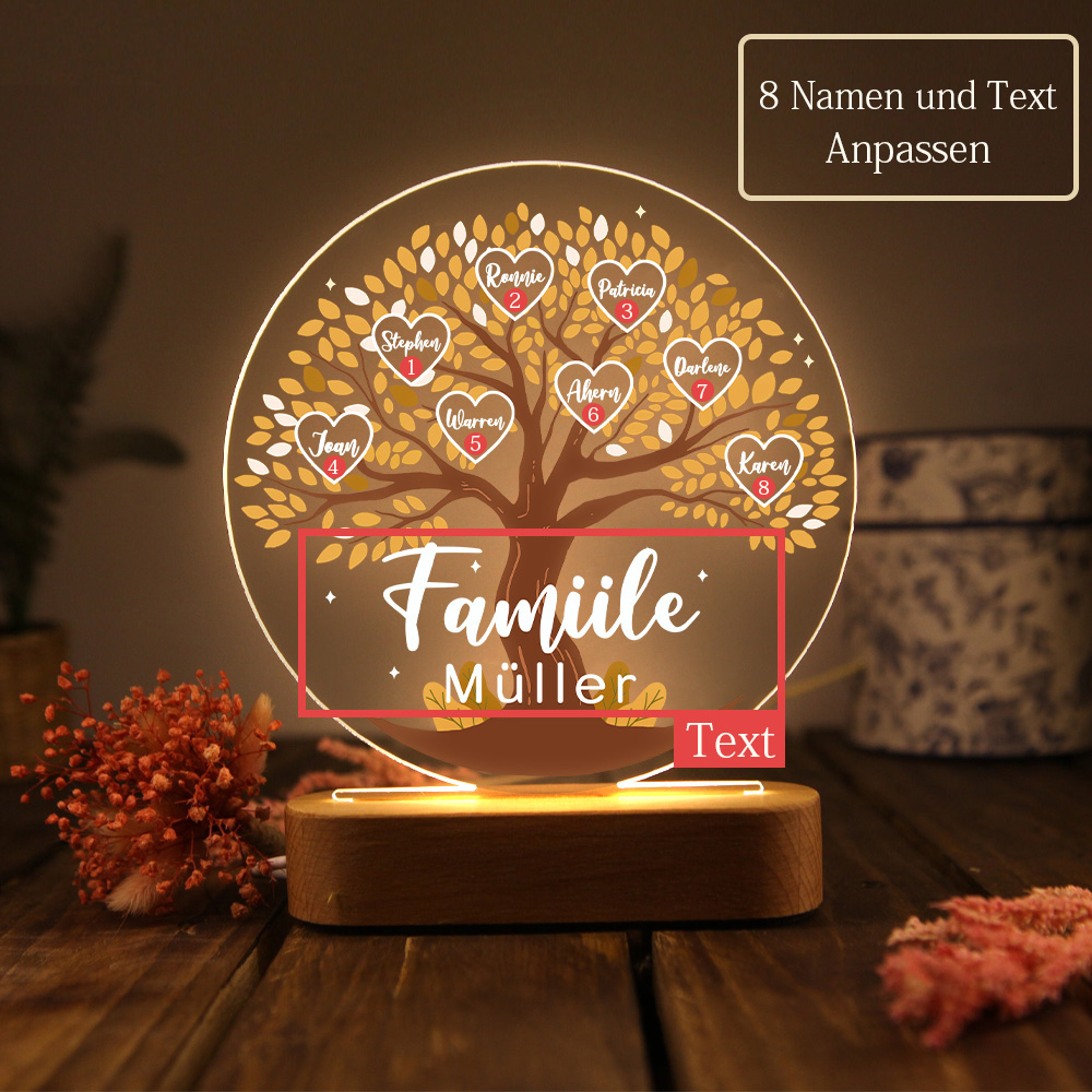 Personalisierte 8 Namen & Text Familienstammbaum Nachtlicht Geschenk für Großmutter/Mutter zum Muttertag