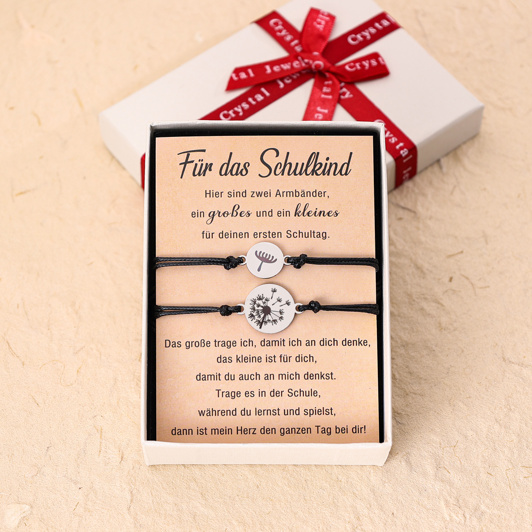Schulanfang Geschenkset -Personalisierter Name Emaille Tasse & 20 cm Lineal & Löwenzahn Armbänder Set - Geschenk für Schulkind mit Geschenk Box